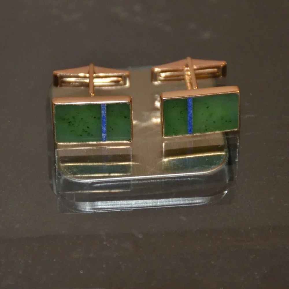 RARE DESIGNER VINTAGE GUMPS GREEN JADE JADEITE LAPIS LAZULI 14K GOLD CUFFLINKS